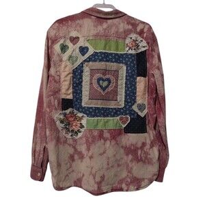 Upcycled Shabby Patchwork Shirt Quilted Mens L Bleached Heart Boho Art Floral